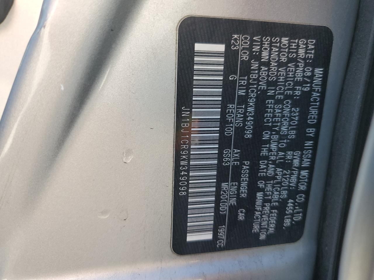 2019 Nissan Rogue VIN JN1BJ1CR9KW349098 Copart auction photo, side damage thumbnail 12