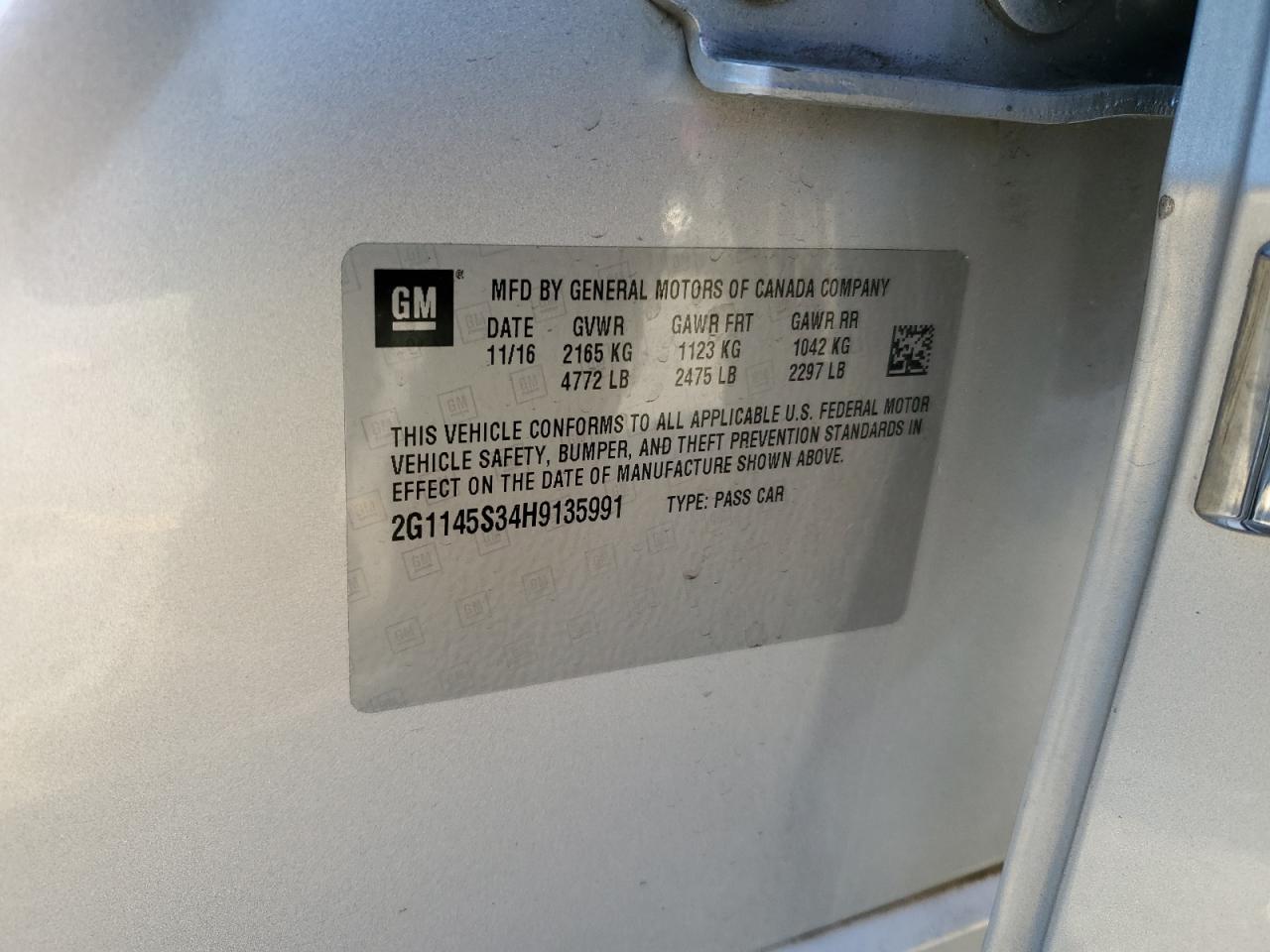 2017 Chevrolet Impala VIN 2G1145S34H9135991 Copart auction photo, front end / undercarriage damage thumbnail 14