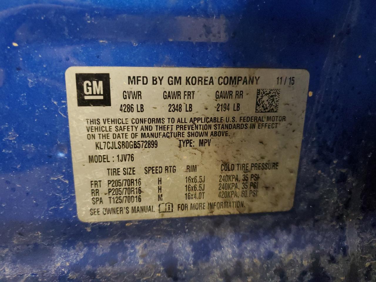 2016 Chevrolet Trax VIN KL7CJLSB0GB572899 Copart auction photo, front end damage thumbnail 13