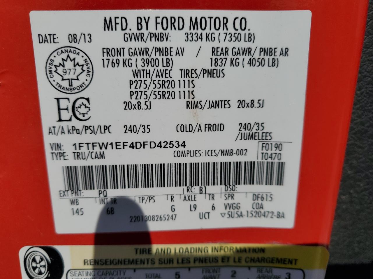 2013 Ford F-150 VIN 1FTFW1EF4DFD42534 Copart auction photo, side / rear end damage thumbnail 12
