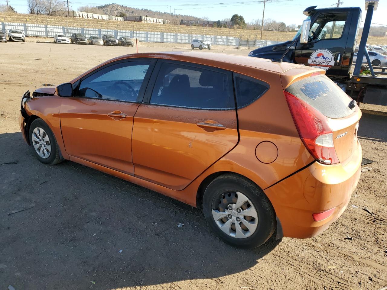 2015 Hyundai Accent VIN KMHCT5AE8FU222360 Copart auction photo, front end / rear end damage thumbnail 2