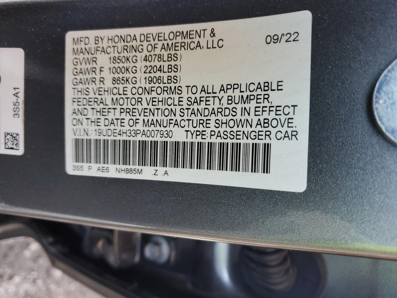 2023 Acura Integra VIN 19UDE4H33PA007930 Copart auction photo, side / rear end damage thumbnail 12