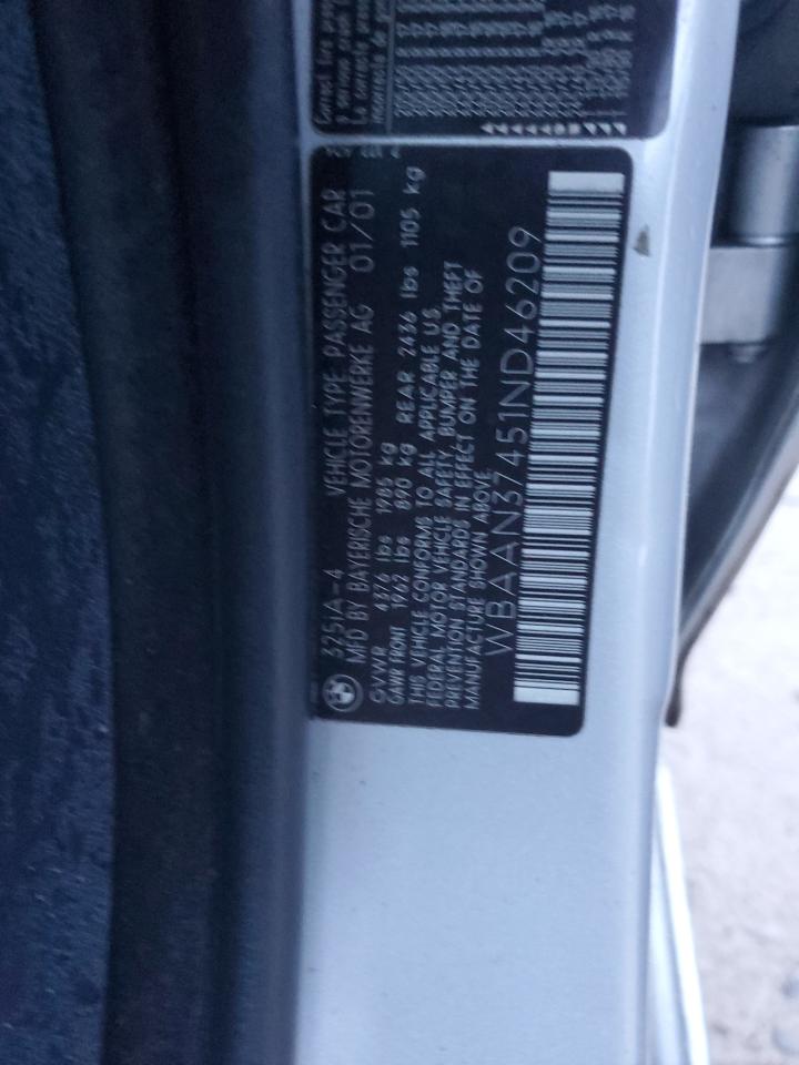 2001 BMW 3er VIN WBAAN37451ND46209 Copart auction photo, minor dent/scratches damage thumbnail 12