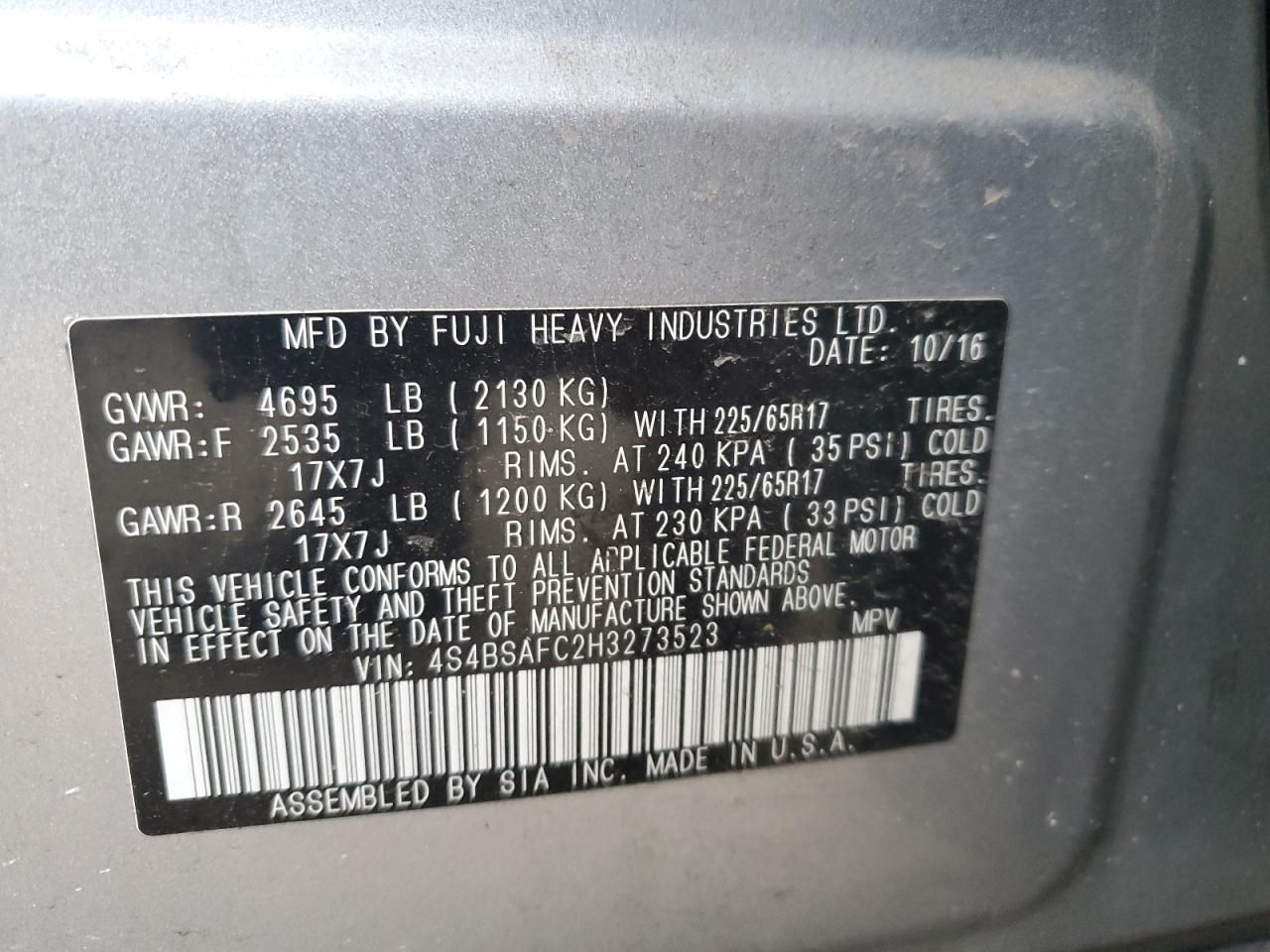 2017 Subaru Outback VIN 4S4BSAFC2H3273523 Copart auction photo, front end damage thumbnail 15