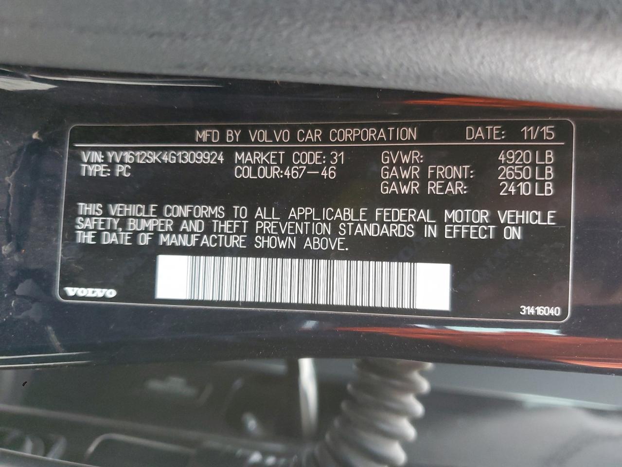 2016 Volvo V60 VIN YV1612SK4G1309924 Copart auction photo, stripped damage thumbnail 12