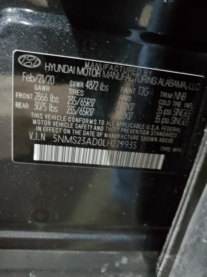 2020 Hyundai Santa Fe VIN 5NMS23AD0LH229935 Copart auction photo, rear end / mechanical damage thumbnail 13