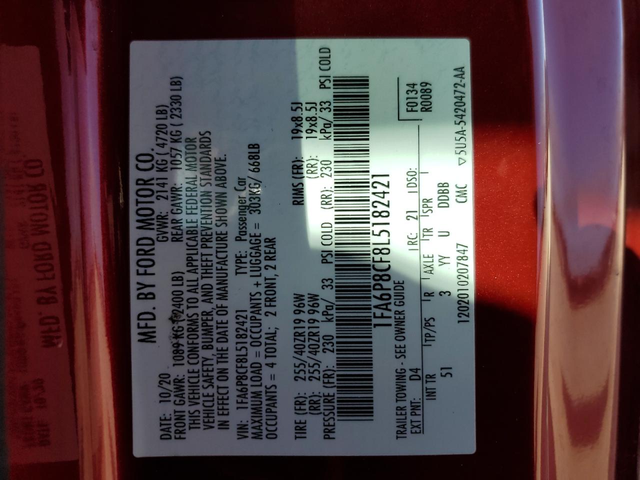 2020 Ford Mustang VIN 1FA6P8CF8L5182421 Copart auction photo, rear end / front end damage thumbnail 14