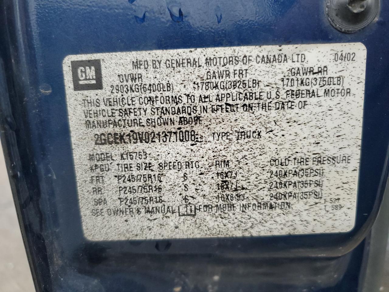 2002 Chevrolet Silverado VIN 2GCEK19V021371008 Copart auction photo, rear end damage thumbnail 12