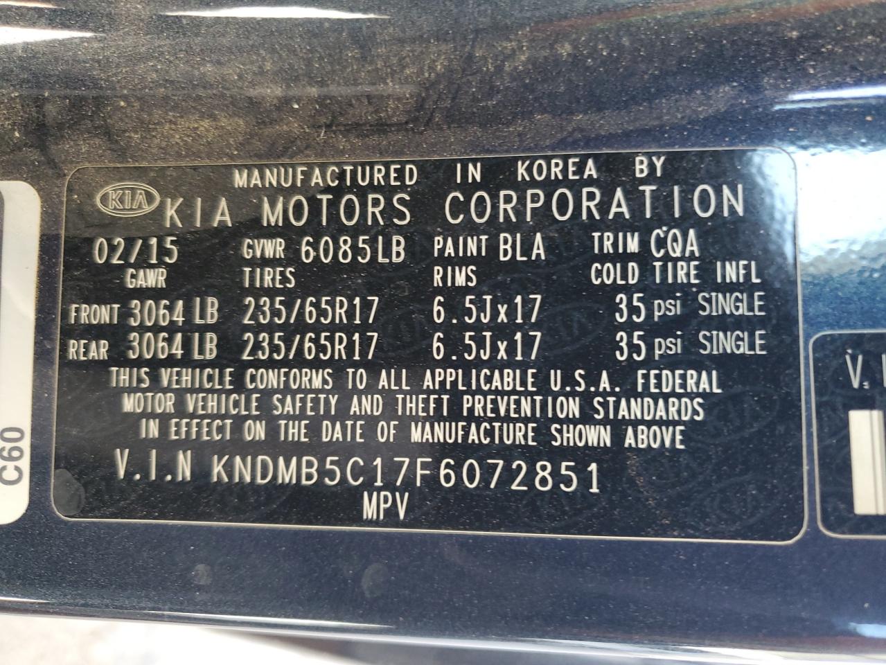 2015 KIA Sedona VIN KNDMB5C17F6072851 Copart auction photo, side / hail damage thumbnail 13