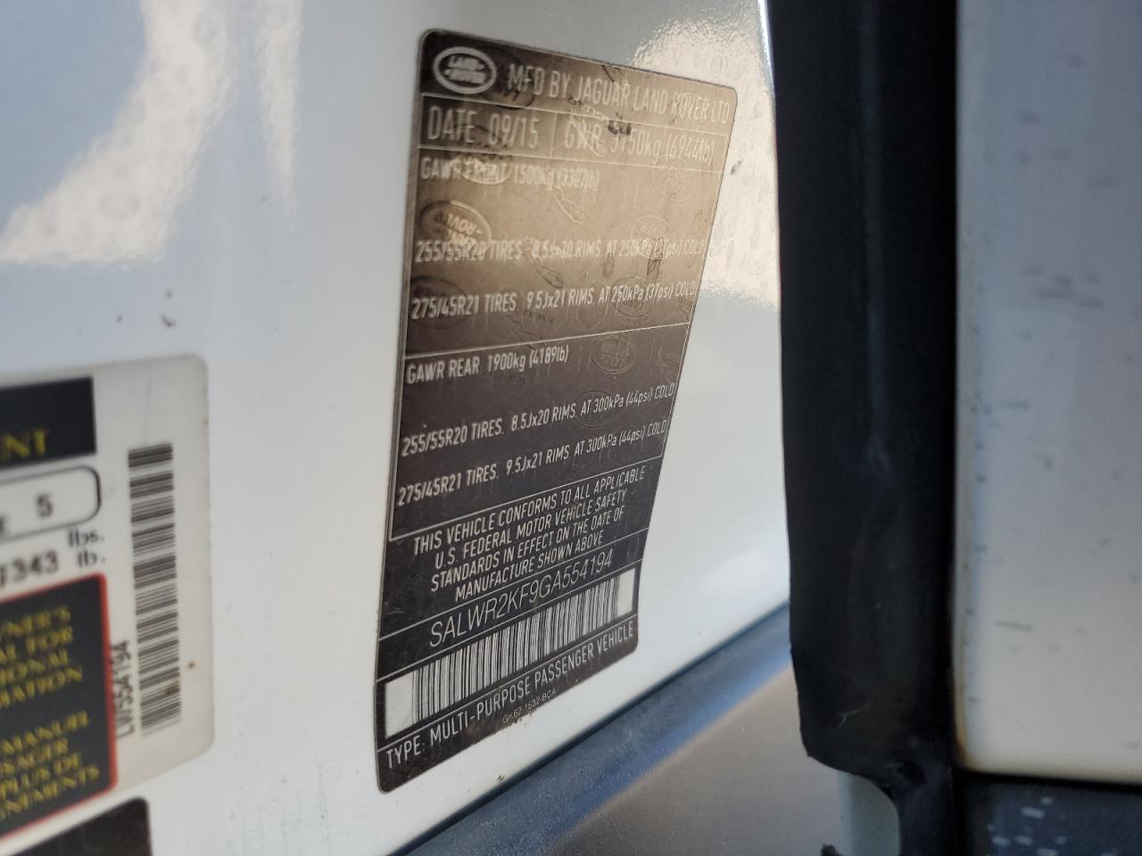 2016 Land Rover Range Rover VIN SALWR2KF9GA554194 Copart auction photo, mechanical damage thumbnail 12