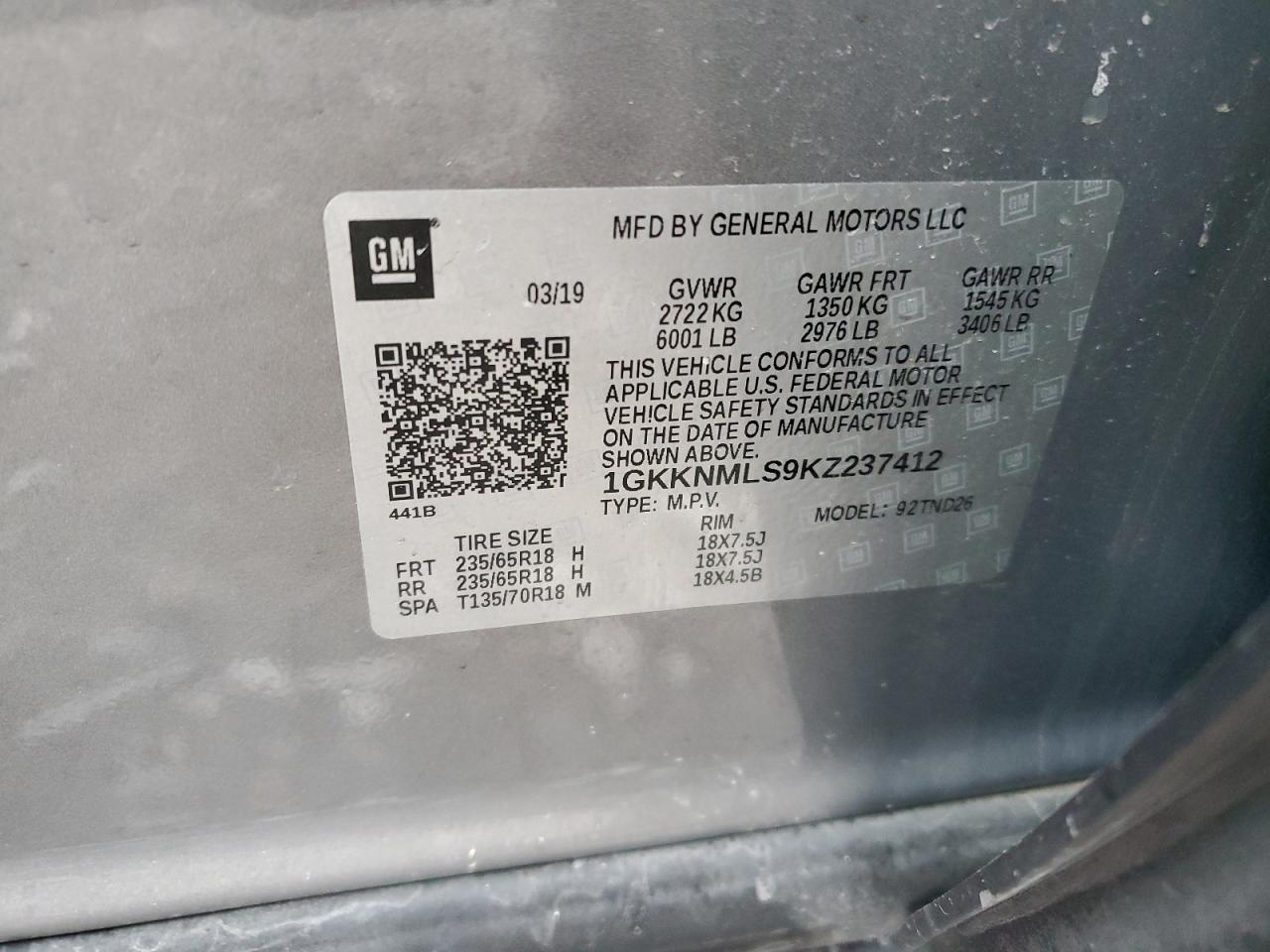 2019 GMC Acadia VIN 1GKKNMLS9KZ237412 Copart auction photo, front end / side damage thumbnail 13