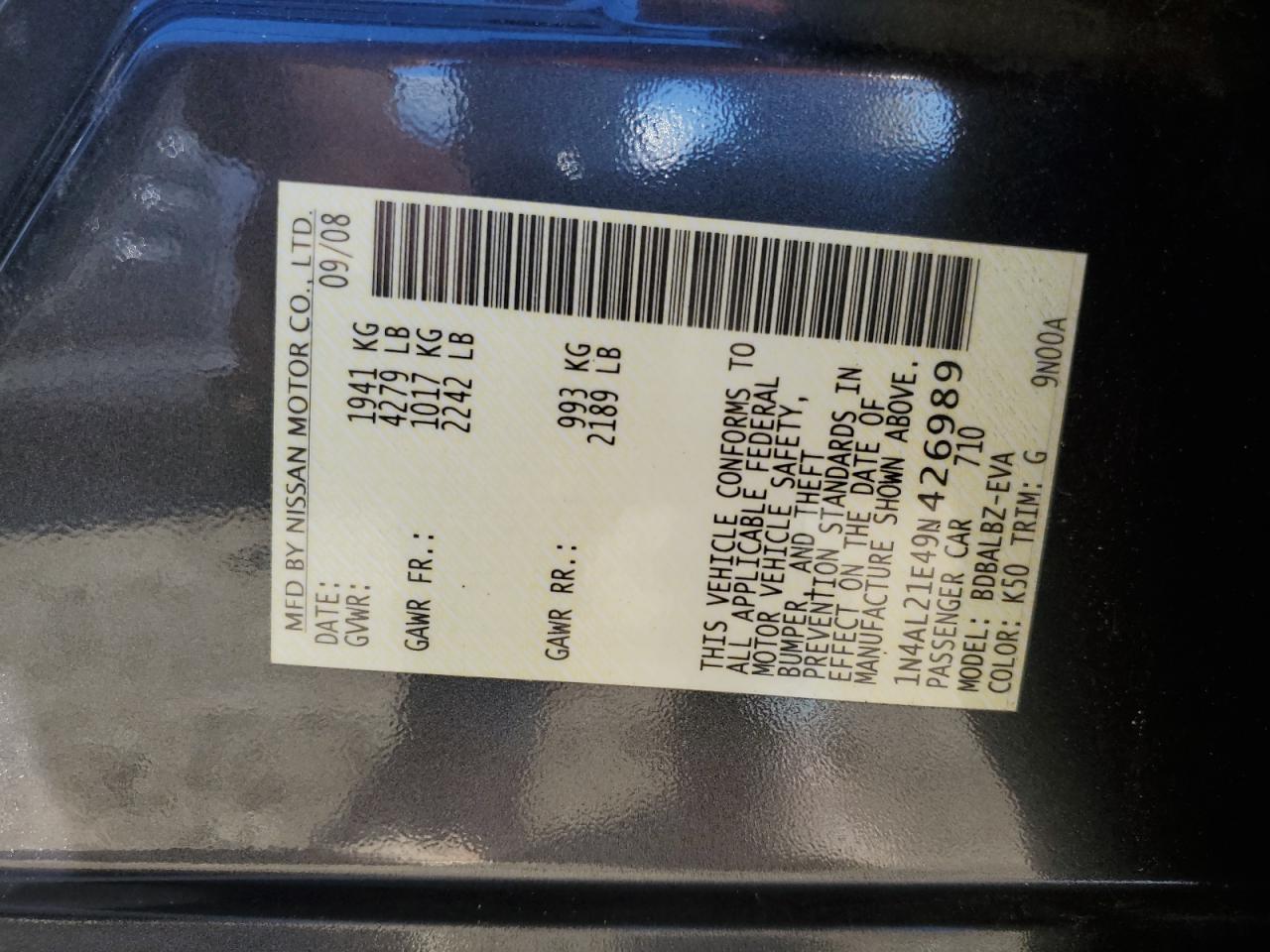 2009 Nissan Altima VIN 1N4AL21E49N426989 Copart auction photo, rear end damage thumbnail 13