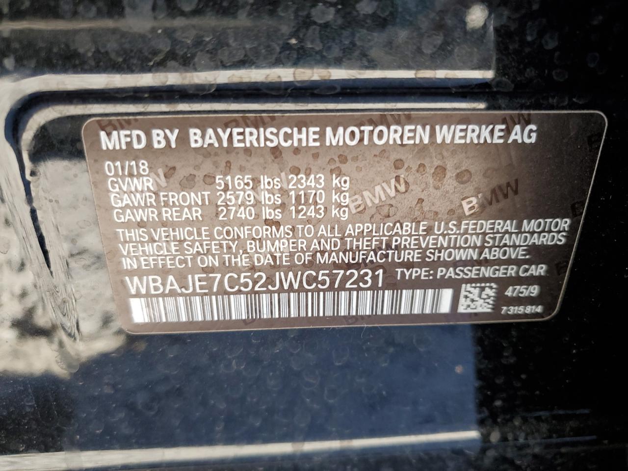 2018 BMW 5er VIN WBAJE7C52JWC57231 Copart auction photo, front end damage thumbnail 12