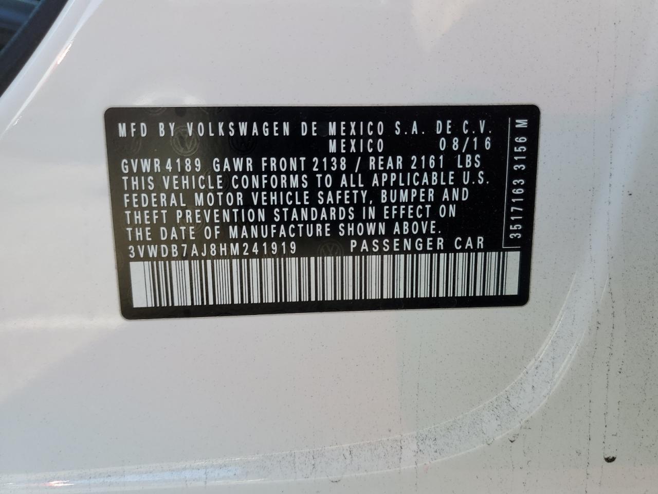 2017 Volkswagen Jetta VIN 3VWDB7AJ8HM241919 Copart auction photo, front end damage thumbnail 12