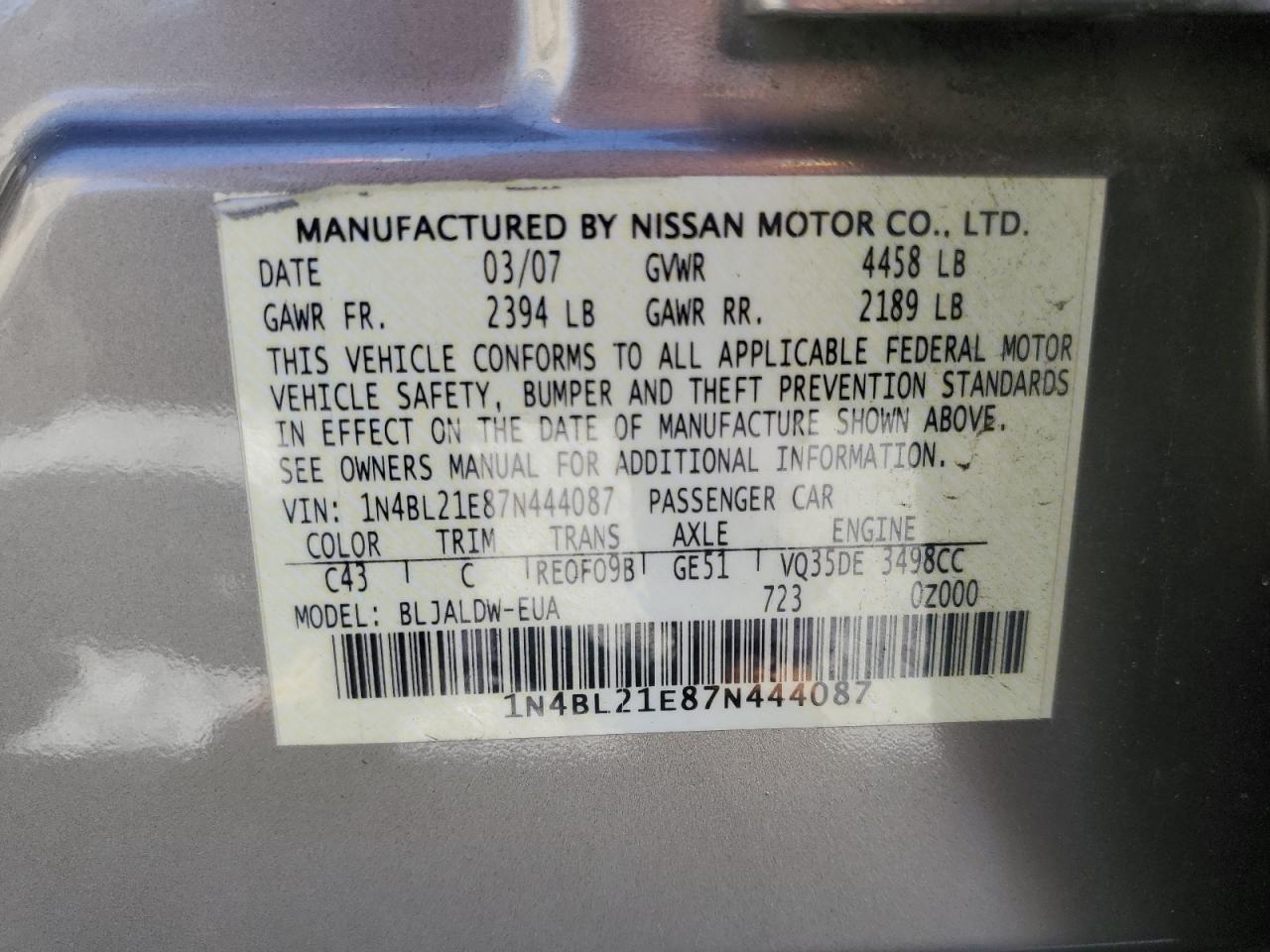 2007 Nissan Altima VIN 1N4BL21E87N444087 Copart auction photo, front end / rear end damage thumbnail 12