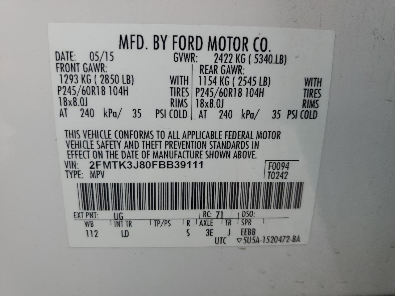 2015 Ford Edge VIN 2FMTK3J80FBB39111 Copart auction photo, rear end damage thumbnail 13
