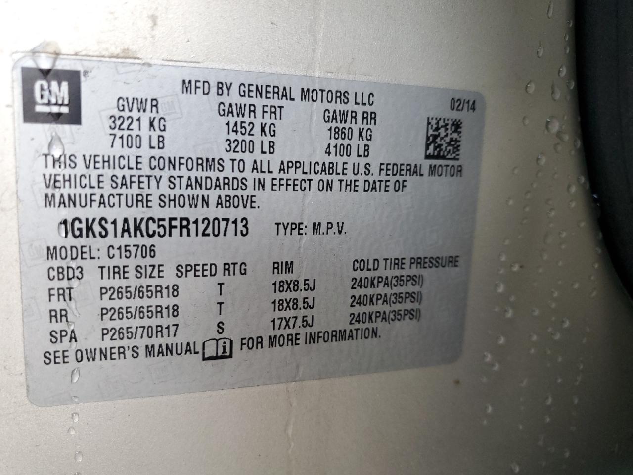 2015 GMC Yukon VIN 1GKS1AKC5FR120713 Copart auction photo, side damage thumbnail 15