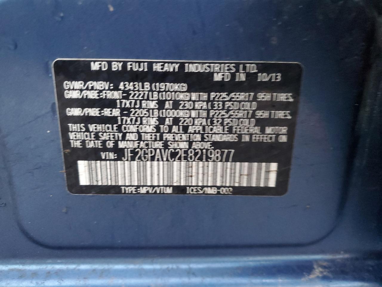 2014 Subaru XV VIN JF2GPAVC2E8219877 Copart auction photo, front end / side damage thumbnail 12