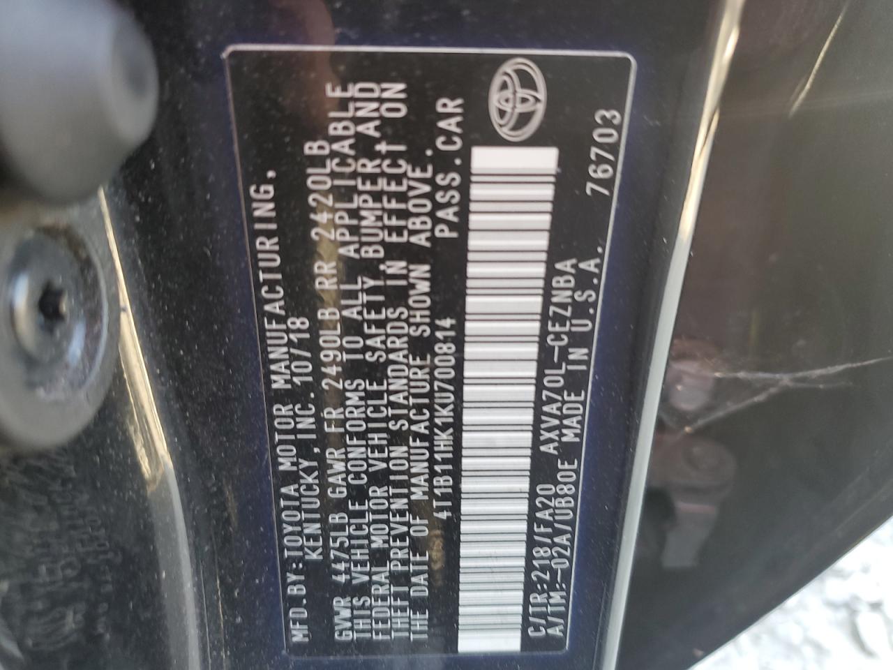 2019 Toyota Camry VIN 4T1B11HK1KU700814 Copart auction photo, all over damage thumbnail 12