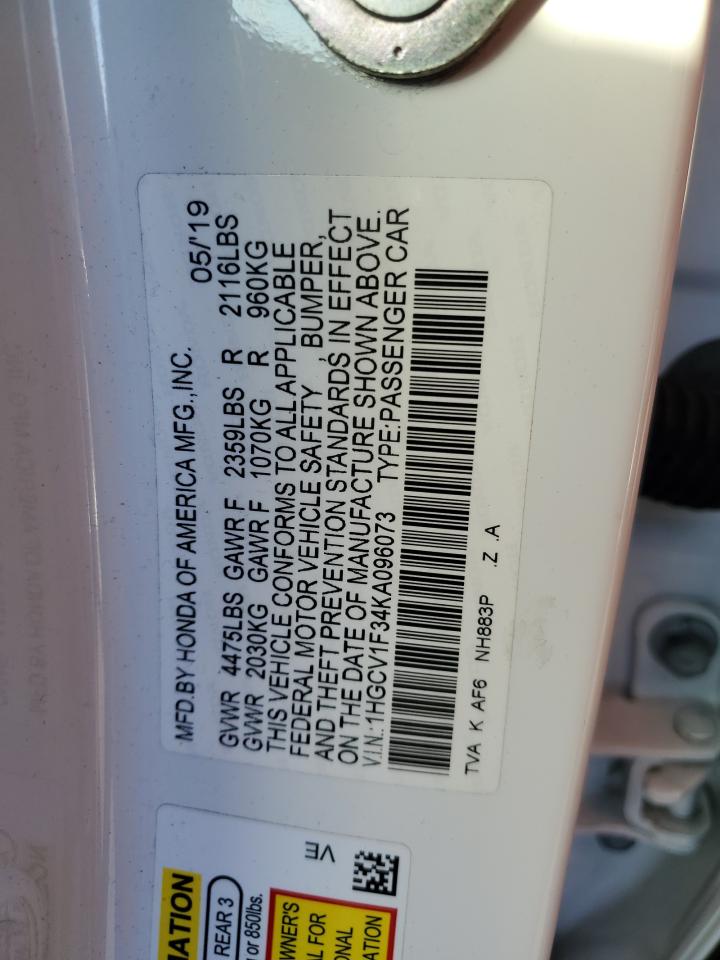 2019 Honda Accord VIN 1HGCV1F34KA096073 Copart auction photo, front end / undercarriage damage thumbnail 12