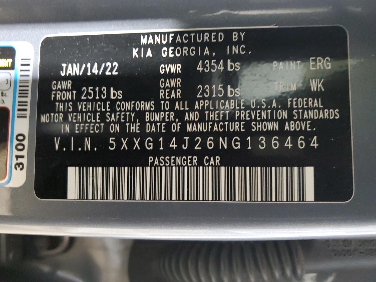 2022 KIA K5 VIN 5XXG14J26NG136464 Copart auction photo, undercarriage / mechanical damage thumbnail 12