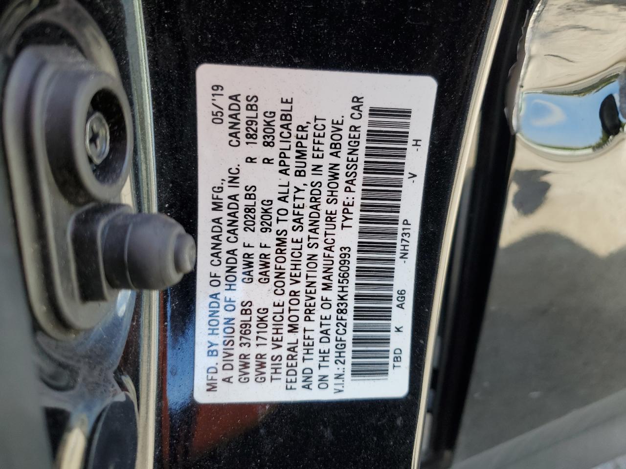2019 Honda Civic VIN 2HGFC2F83KH560993 Copart auction photo, all over damage thumbnail 14