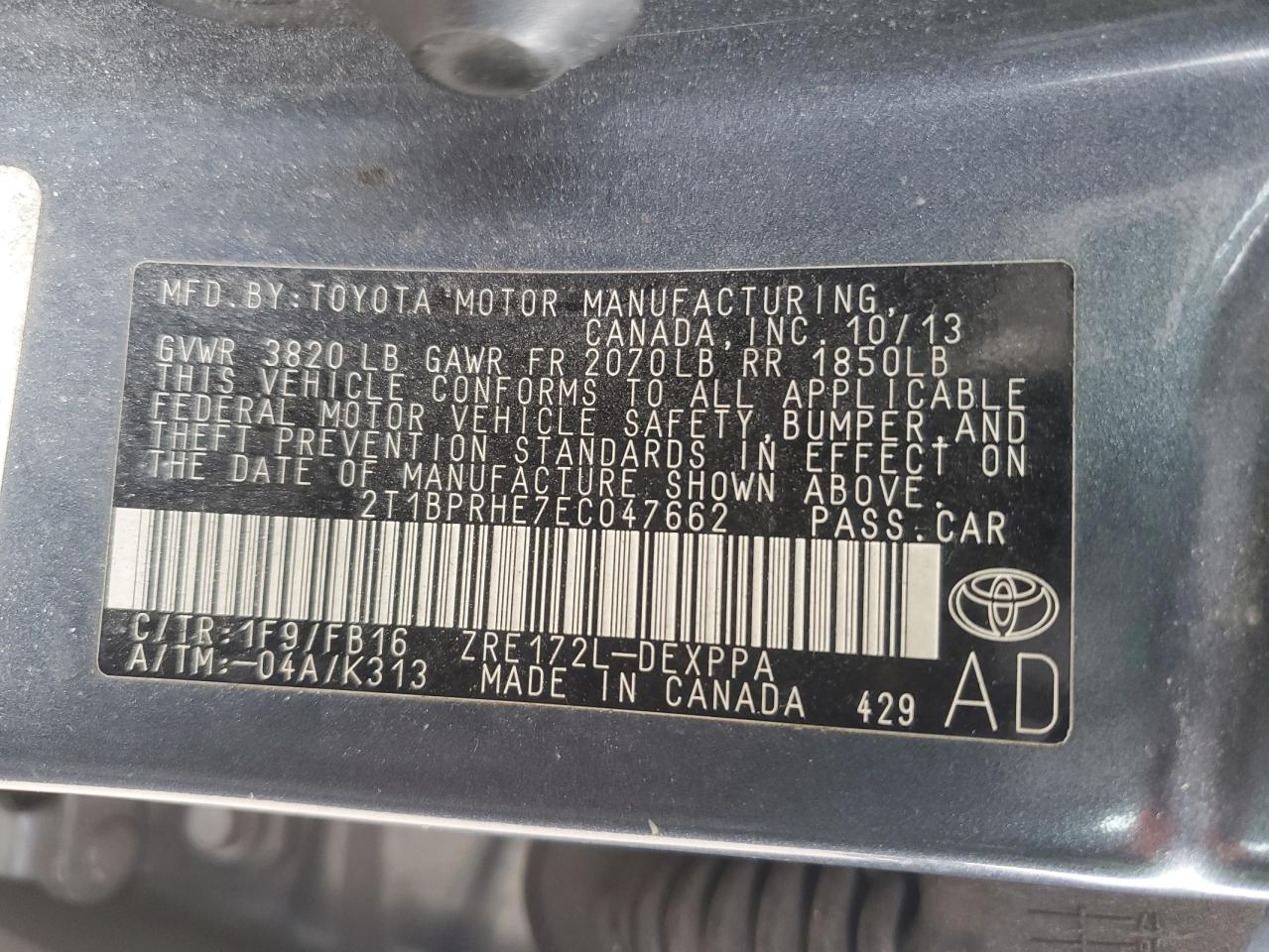 2014 Toyota Corolla VIN 2T1BPRHE7EC047662 Copart auction photo, front end damage thumbnail 12