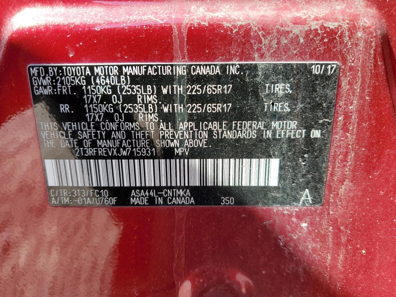 2018 Toyota RAV 4 VIN 2T3RFREVXJW715931 Copart auction photo, front end / side damage thumbnail 14