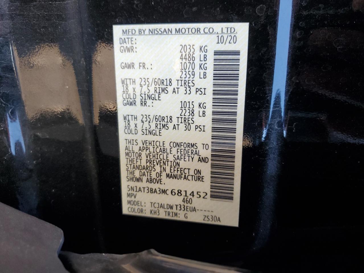 2021 Nissan Rogue VIN 5N1AT3BA3MC681452 Copart auction photo, side / rear end damage thumbnail 13