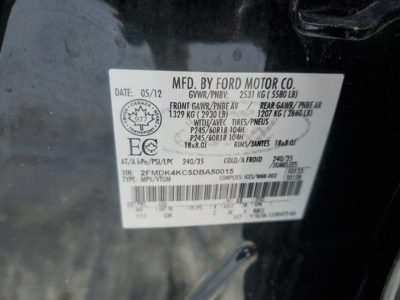 2013 Ford Edge VIN 2FMDK4KC5DBA50015 Copart auction photo, front end damage thumbnail 13
