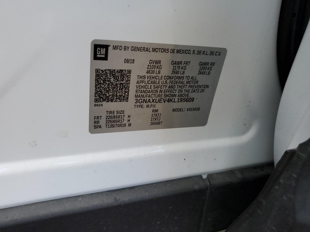 2019 Chevrolet Equinox VIN 3GNAXUEV4KL195609 Copart auction photo, front end damage thumbnail 13
