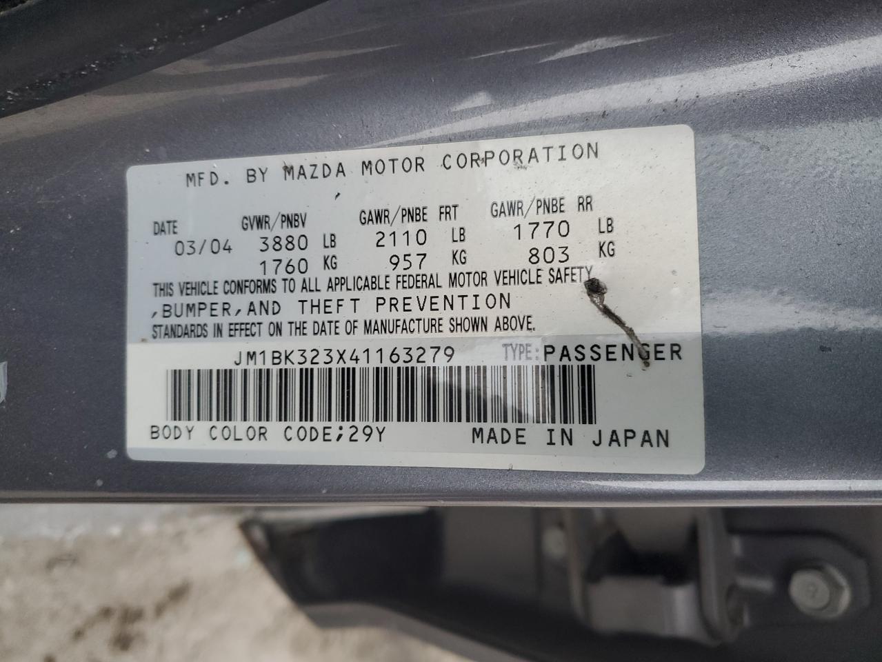 2004 Mazda 3 VIN JM1BK323X41163279 Copart auction photo, all over damage thumbnail 14