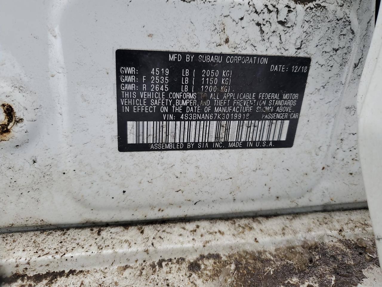 2019 Subaru Legacy VIN 4S3BNAN67K3019918 Copart auction photo, front end / side damage thumbnail 13