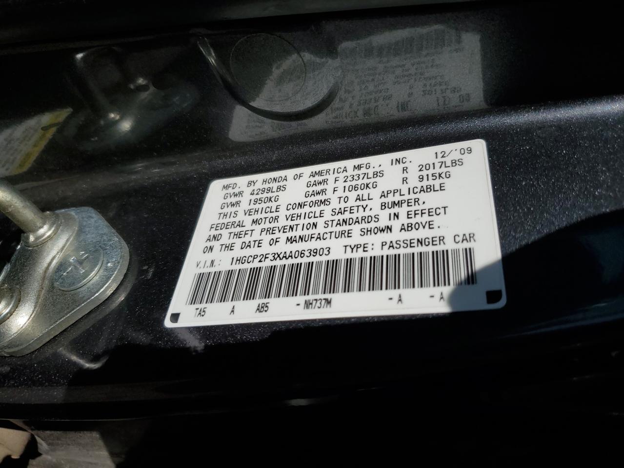 2010 Honda Accord VIN 1HGCP2F3XAA063903 Copart auction photo, rear end / frame damage damage thumbnail 13