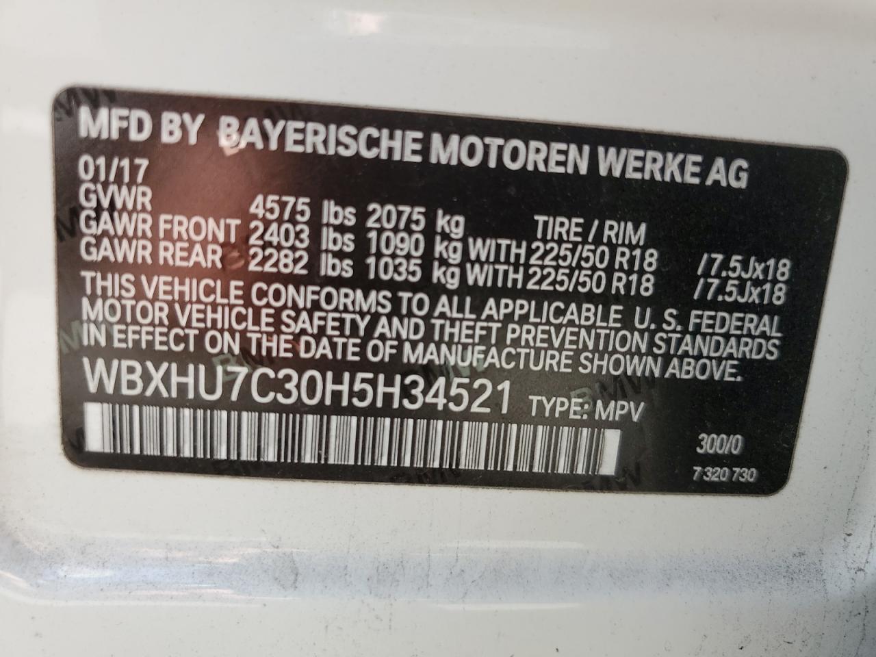 2017 BMW X1 VIN WBXHU7C30H5H34521 Copart auction photo, front end damage thumbnail 13