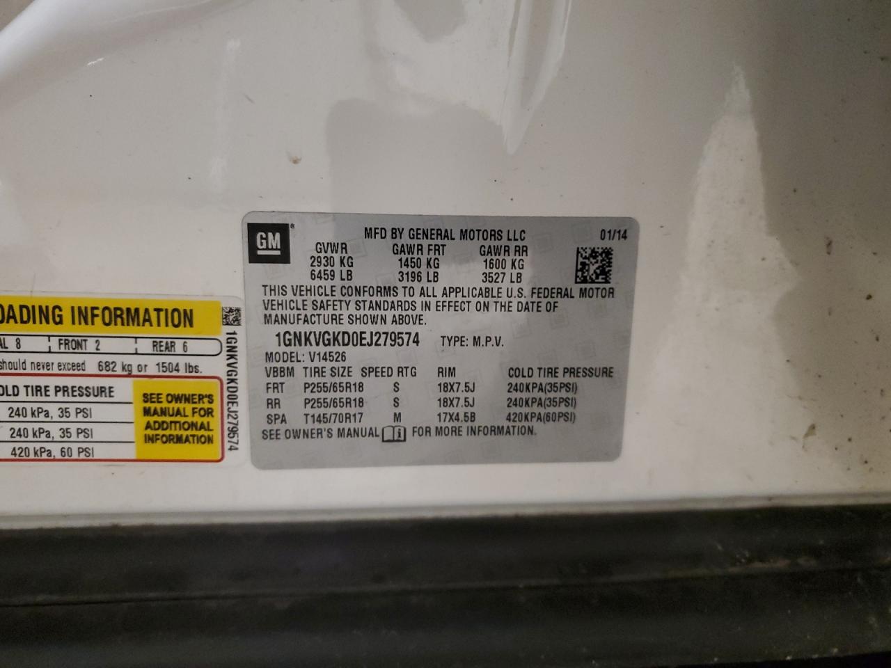 2014 Chevrolet Traverse VIN 1GNKVGKD0EJ279574 Copart auction photo, rear end damage thumbnail 13