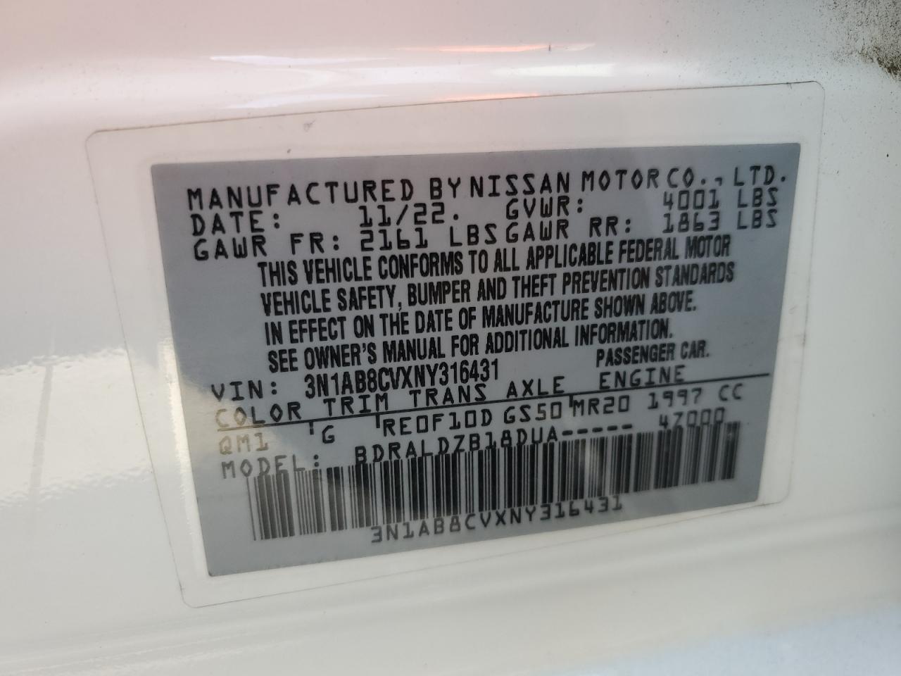 2022 Nissan Sentra VIN 3N1AB8CVXNY316431 Copart auction photo, rear end / front end damage thumbnail 12