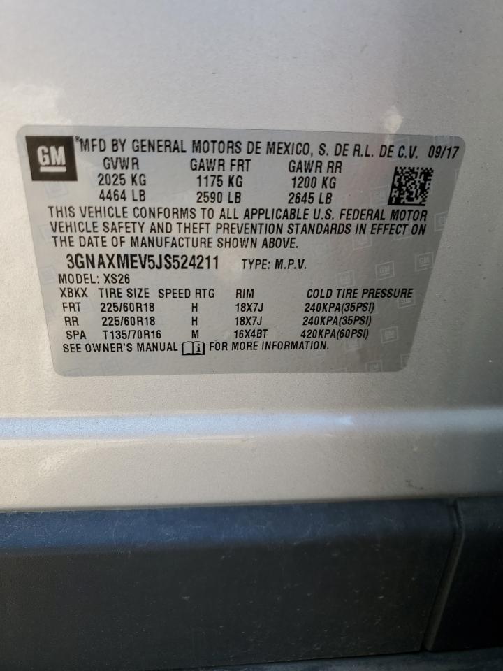 2018 Chevrolet Equinox VIN 3GNAXMEV5JS524211 Copart auction photo, rear end damage thumbnail 13