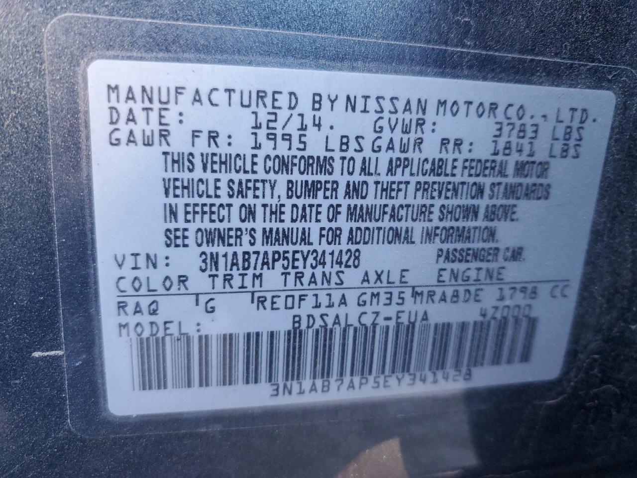 2014 Nissan Sentra VIN 3N1AB7AP5EY341428 Copart auction photo, front end / all over damage thumbnail 15