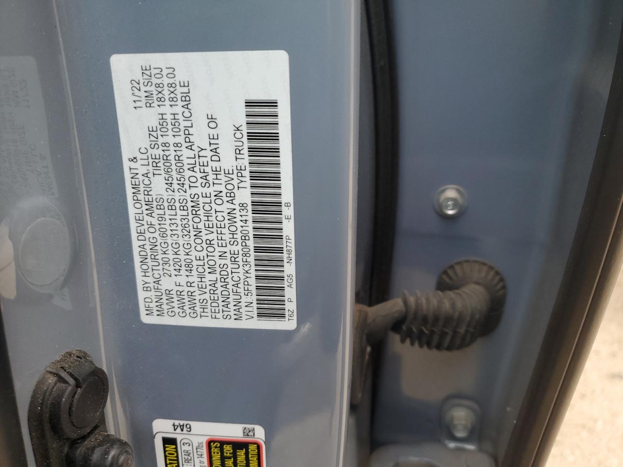 2023 Honda Ridgeline VIN 5FPYK3F80PB014138 Copart auction photo, front end damage thumbnail 15