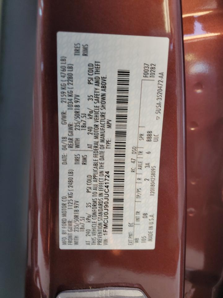 2018 Ford Escape VIN 1FMCU0J90JUC41724 Copart auction photo, front end damage thumbnail 13