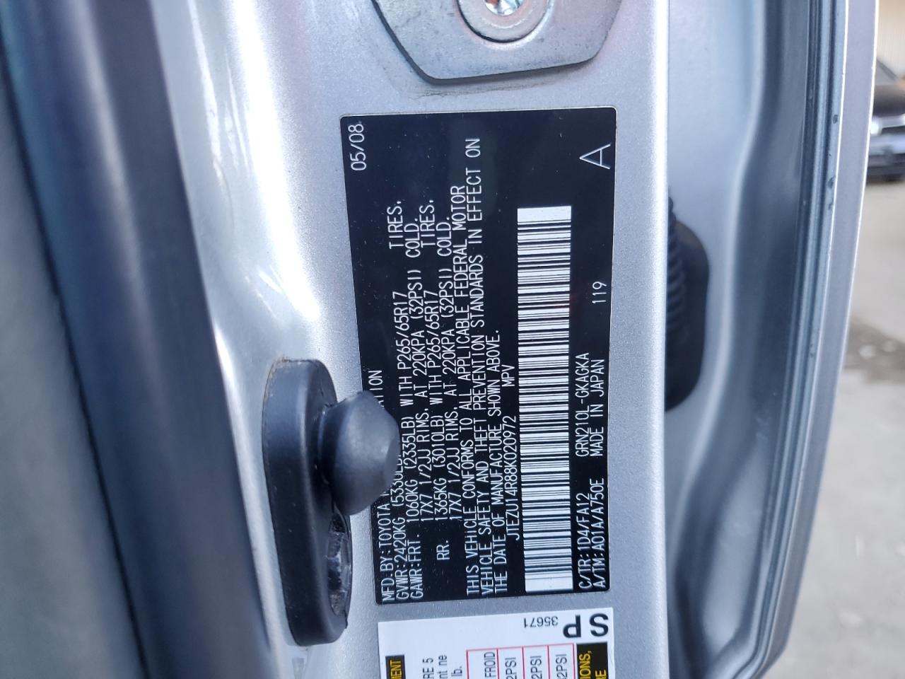 2008 Toyota 4Runner VIN JTEZU14R88K020972 Copart auction photo, front end / side damage thumbnail 13