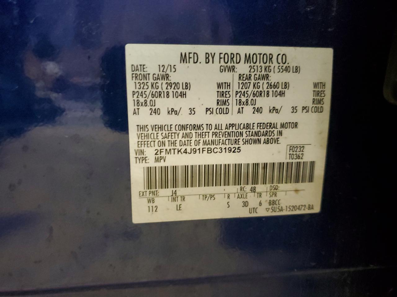 2015 Ford Edge VIN 2FMTK4J91FBC31925 Copart auction photo, rear end / minor dent/scratches damage thumbnail 14