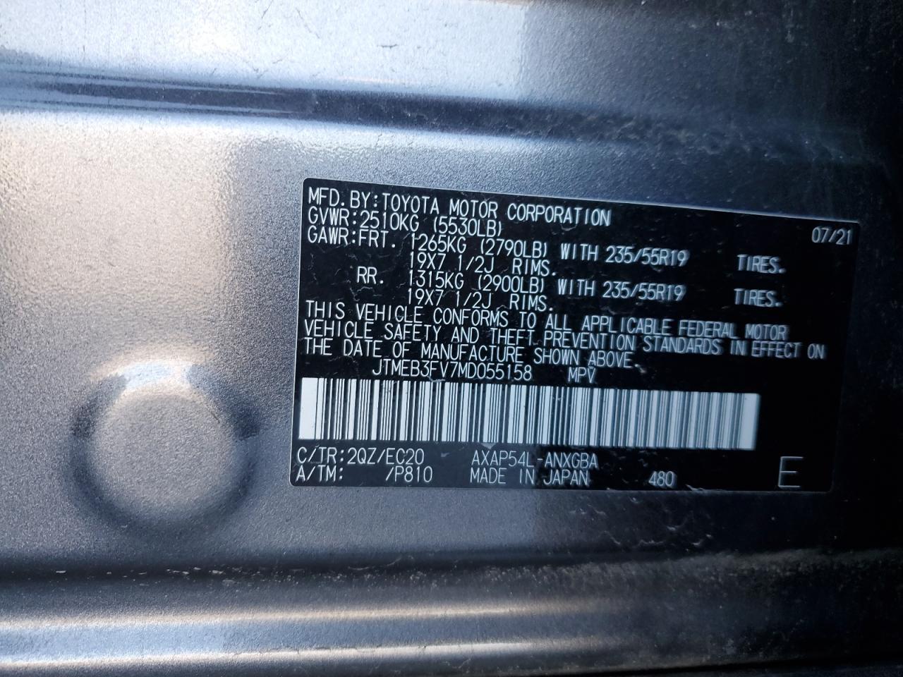 2021 Toyota RAV 4 VIN JTMEB3FV7MD055158 Copart auction photo, front end / side damage thumbnail 13