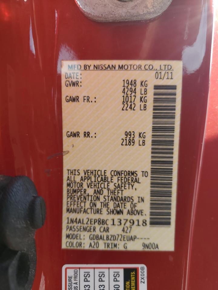2011 Nissan Altima VIN 1N4AL2EP8BC137918 Copart auction photo, minor dent/scratches damage thumbnail 14