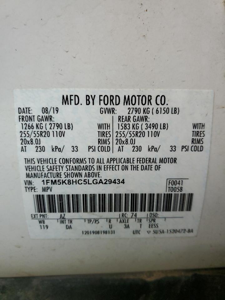 2020 Ford Explorer VIN 1FM5K8HC5LGA29434 Copart auction photo, all over damage thumbnail 14