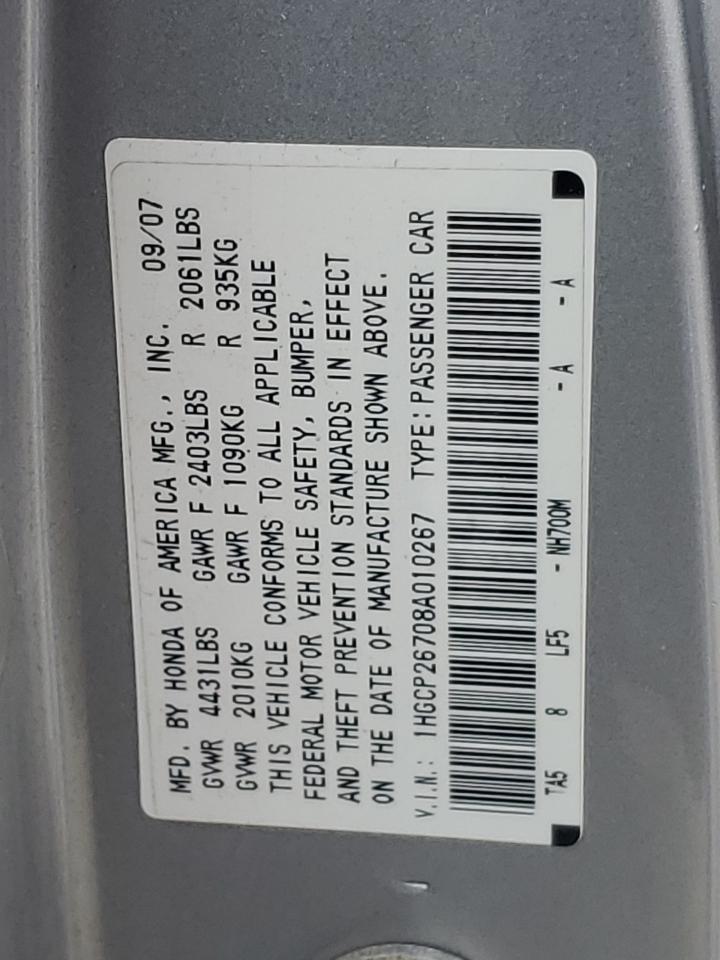 2008 Honda Accord VIN 1HGCP26708A010267 Copart auction photo, side / front end damage thumbnail 12