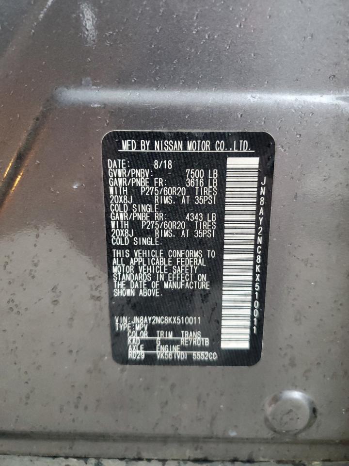 2019 Nissan Armada VIN JN8AY2NC8KX510011 Copart auction photo, rear end damage thumbnail 13