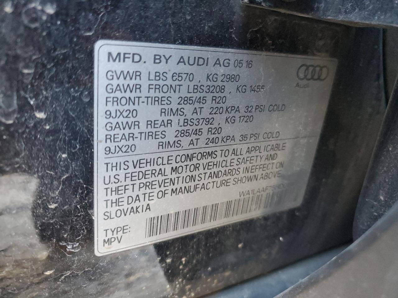 2017 Audi Q7 VIN WA1LAAF75HD019484 Copart auction photo, front end / side damage thumbnail 16