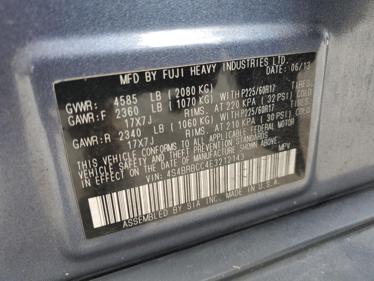 2014 Subaru Outback VIN 4S4BRBCC4E3212143 Copart auction photo, front end / rear end damage thumbnail 13